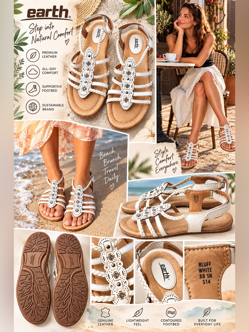 New With Box ✨ Earth White Leather Braided Gladiator Sandals – Genuine Leather